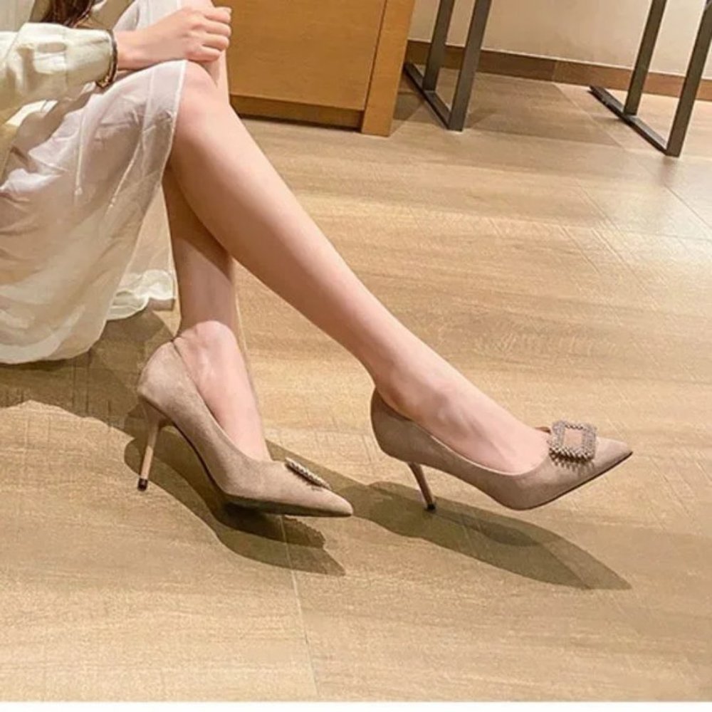 New Velvet Fine Heel Rhinestone Cubes with Pointed Shallow Mouth Shoes